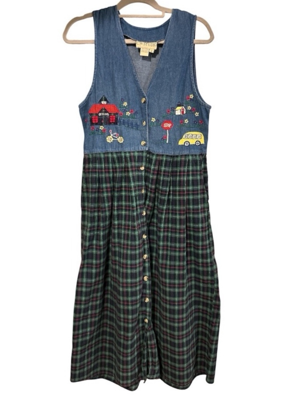 Y2K Vintage 90’s Denim Plaid Button-Front Dress with Embroidery School